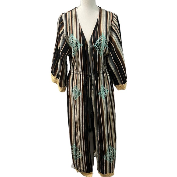 Angel + Premium Aztec Bohemian Embroidered Multicolor Lace Trim Duster Jacket S - Picture 1 of 12